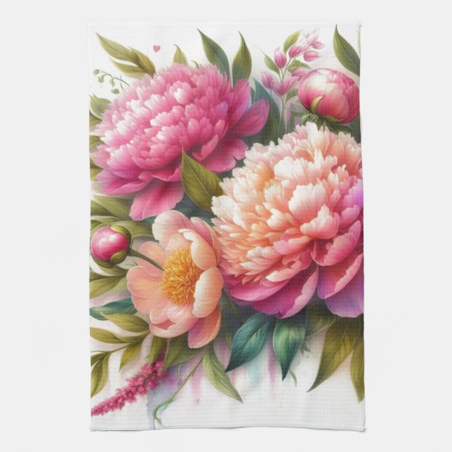 Rosa blommiga peonior snygga kökshanddukar (Vertikal)