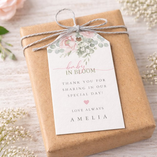 Rosa blommiga presentetiketter för baby i blomning (Blush Pink Floral Baby in Bloom Gift Tags)