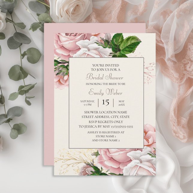 Rosa Blommiga Rosor Krämfärgad Bröllopsfest Inbjudningar (Blush pink vintage floral bridal shower invitation)