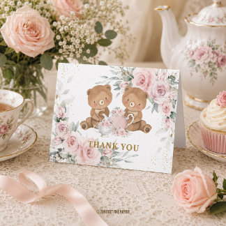 Rosa Blommiga Teddybjörnar Tea Party Födelsedag Tack Kort