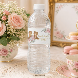 Rosa Blommiga Teddybjörnar Tea Party Födelsedag Vattenflaska Etikett