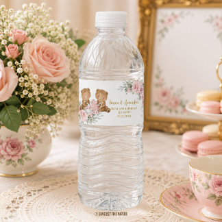 Rosa Blommiga Teddybjörnar Tea Party Födelsedag Vattenflaska Etikett