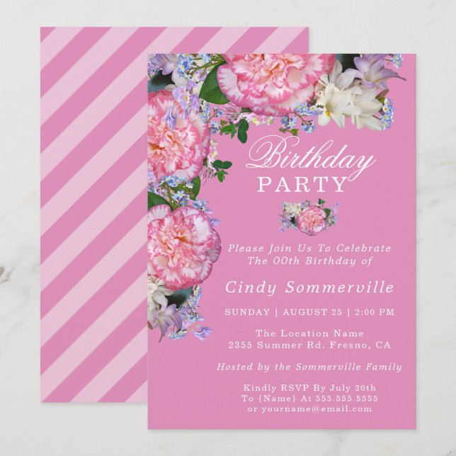 Rosa Blommigt 00:e Födelsedagsfesten Inbjudningar (Fram/baksida)