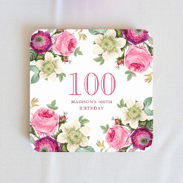 Rosa Blommigt 100:e födelsedagen Underlägg Papper Kvadrat
