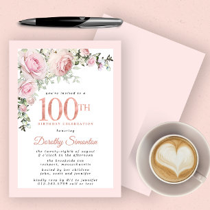 Rosa Blommigt 100:e Födelsedagsfesten Inbjudningar