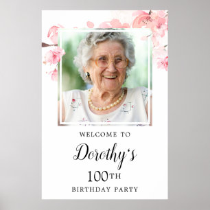 Rosa Blommigt 100:e Födelsedagsfestens fotovälkoms Poster