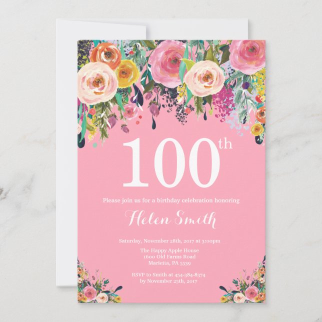 Rosa Blommigt 100:e födelsedagsinbjudan Inbjudningar (Framsida)