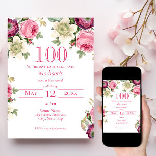 Rosa Blommigt 100:e födelsedagsinbjudan Inbjudningar