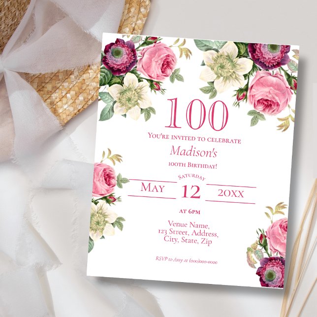 Rosa Blommigt | 100:e inbjudan till födelsedag (Skapare uppladdad)