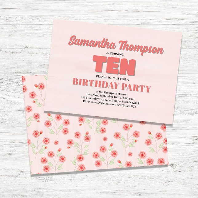 Rosa Blommigt 10:e födelsedagskalemall Party  Inbjudningar (Tenth Birthday Girl Invitations)
