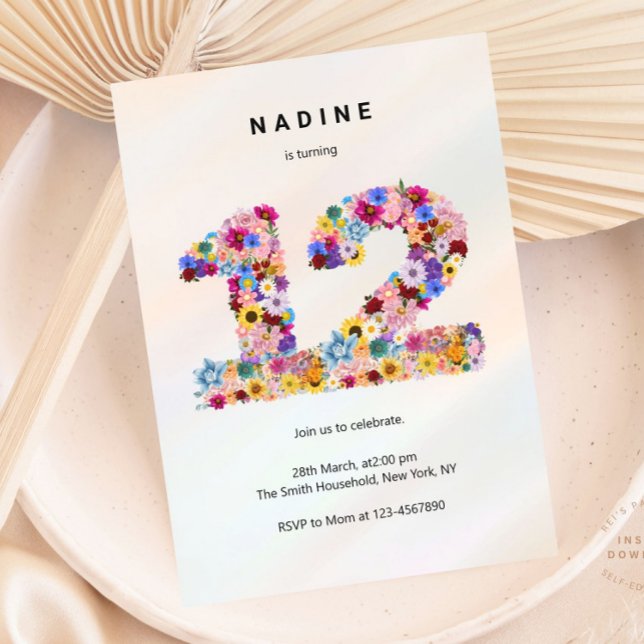 Rosa Blommigt 12:e Birthday Garden Vår Wildblomma Inbjudningar (Skapare uppladdad)