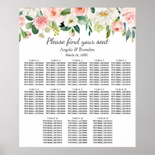 Rosa Blommigt 13 Sätesdiagram för Bord Bröllop Poster