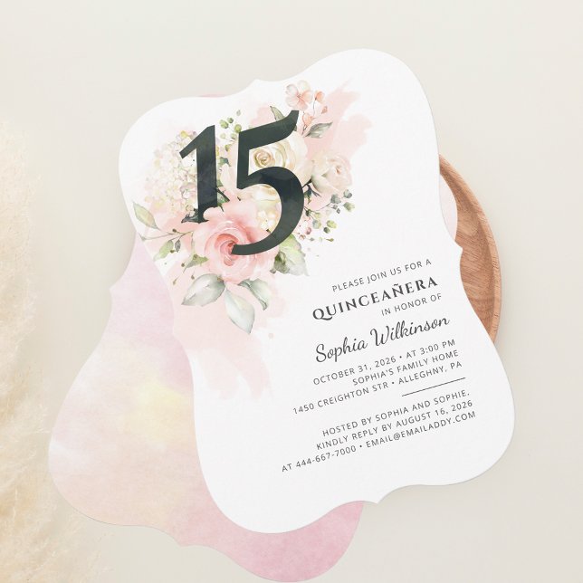 Rosa Blommigt 15:e födelsedagen Quinceanera Party Inbjudningar (Floral Quinceanera 15th Birthday Party Invitation)