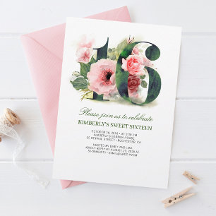 Rosa Blommigt 16 Födelsedagsfest för Sweet sixte Inbjudningar