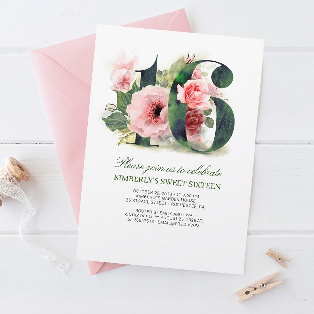 Rosa Blommigt 16 | Födelsedagsfest för Sweet sixte Inbjudningar (Skapare uppladdad)