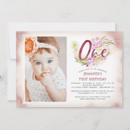 Rosa Blommigt 1:a födelsedagsfoto Inbjudningar