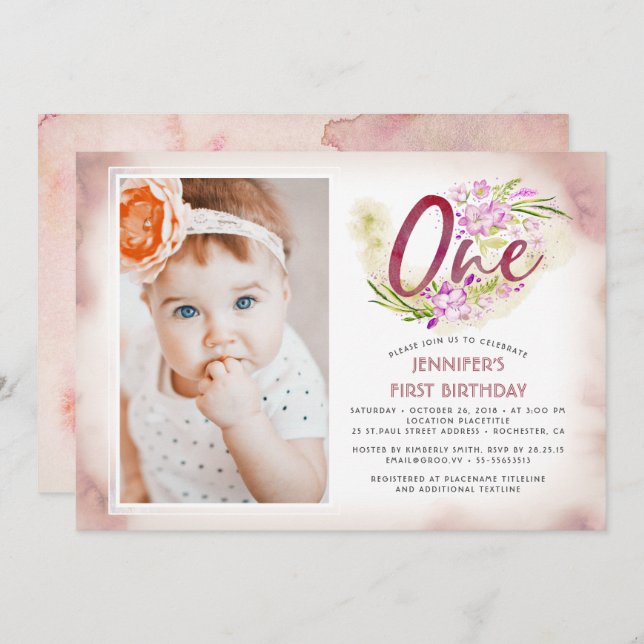 Rosa Blommigt 1:a födelsedagsfoto Inbjudningar (Fram/baksida)