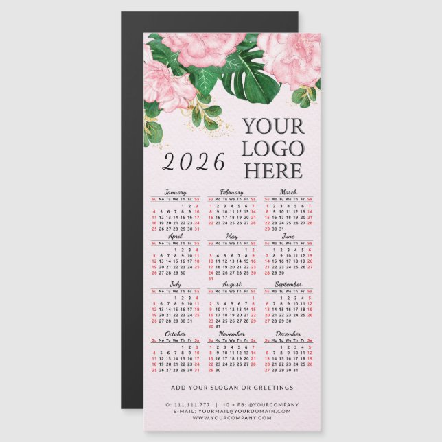 Rosa Blommigt 2026 Calendar Magnet Add Business Lo (Fram/baksida)