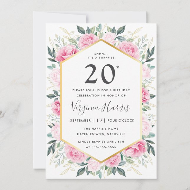 Rosa Blommigt 220:e födelsedagsinbjudan Inbjudningar (Framsida)