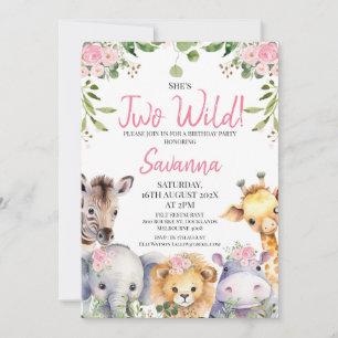 Rosa Blommigt 2 Vild Safari Animals 2:a födelsedag Inbjudningar