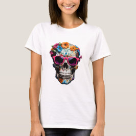 Rosa Blommigt 3D Dead Skull med solglasögon T Shirt