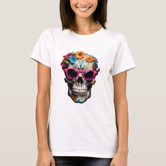 Rosa Blommigt 3D Dead Skull med solglasögon T Shirt (Framsida)