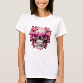 Rosa Blommigt 3D Dead Skull med solglasögon T Shirt
