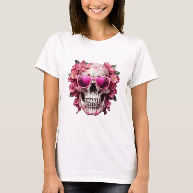 Rosa Blommigt 3D Dead Skull med solglasögon T Shirt (Framsida)