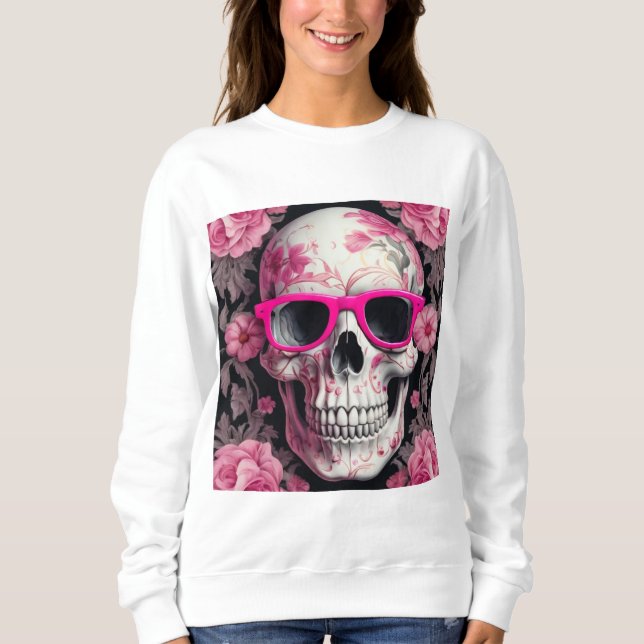 Rosa Blommigt 3D Dead Skull med solglasögon T Shirt (Framsida)