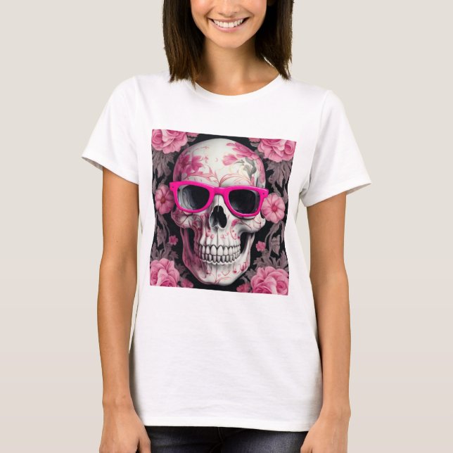 Rosa Blommigt 3D Dead Skull med solglasögon T Shirt (Framsida)