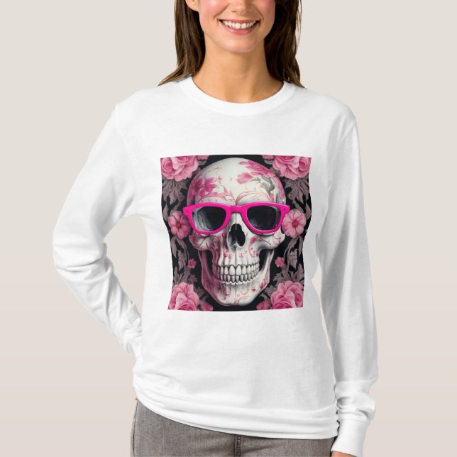 Rosa Blommigt 3D Dead Skull med solglasögon T Shirt (Framsida)