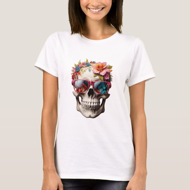 Rosa Blommigt 3D Dead Skull med solglasögon T Shirt (Framsida)