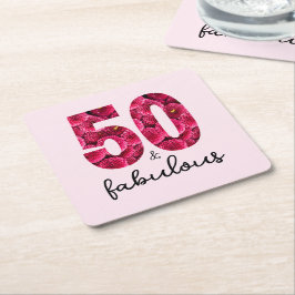 Rosa Blommigt 50 och Fabulous 50:e födelsedagen Underlägg Papper Kvadrat