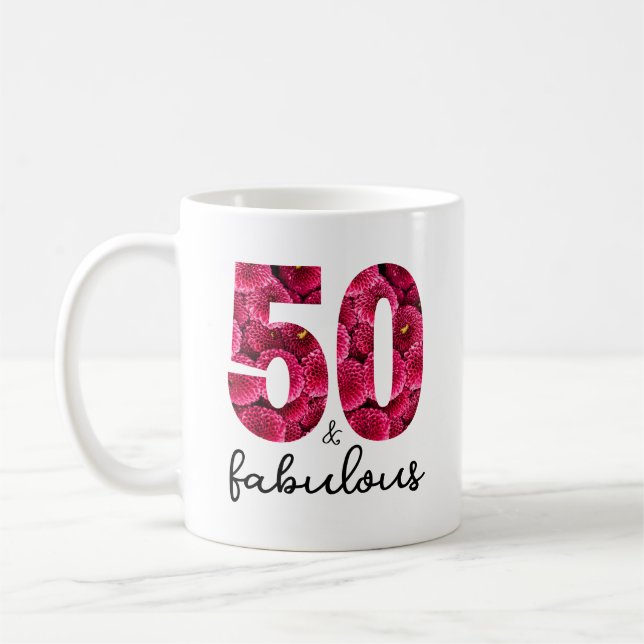 Rosa Blommigt 50 och Fabulous 50:e Födelsedagsfest Kaffemugg (Vänster)