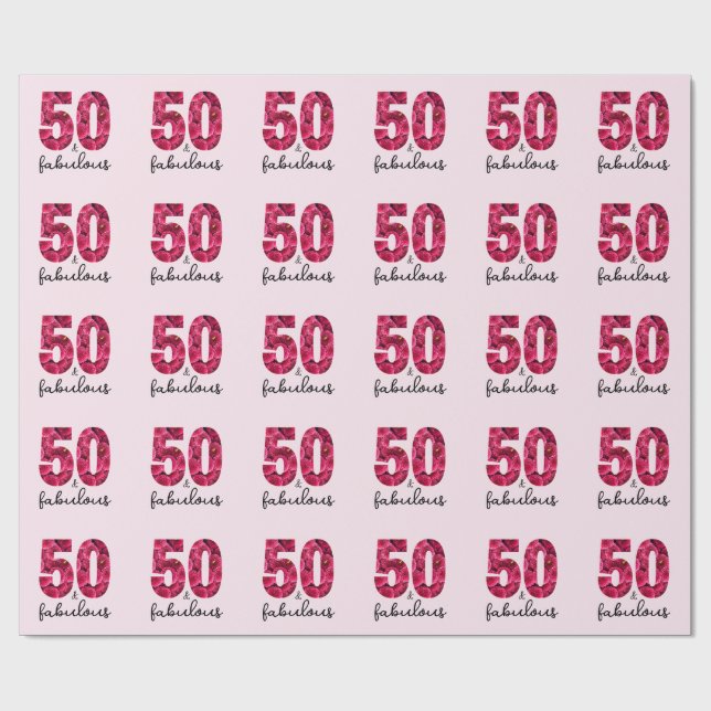 Rosa Blommigt 50 och Fabulous 50:e Födelsedagsfest Presentpapper (Platt)