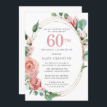 Rosa Blommigt 60:e Födelsedagsfesten Inbjudningar<br><div class="desc">En mjuk pastellrosa skapar en vacker blommigt på elegantens 60-årsinbjudan. Röd ros är inkapslat i djupa grönt löv. Ro och löv dekorerar en chic med flera band guld ram. 60:e är skrivet i en stor röd text. Återstoden av texten är mörk grått. Baksidan av inbjudan är vit. Den här inbjudan...</div>