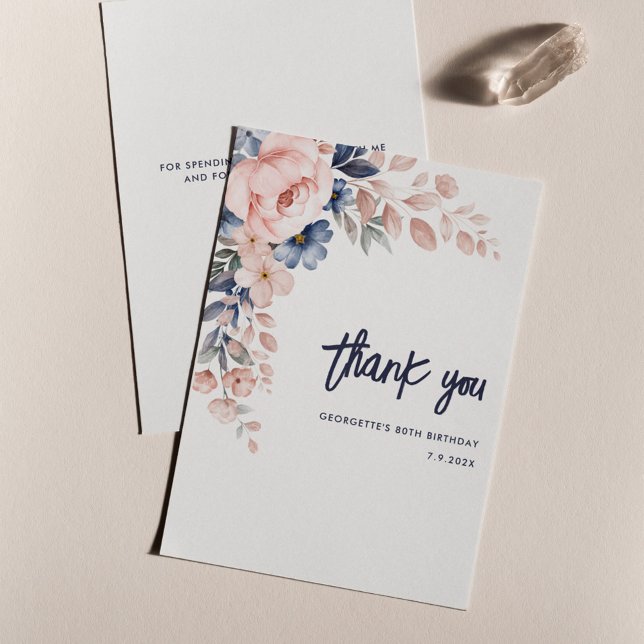 Rosa Blommigt 80:e födelsedag Vattenfärg Tack Kort (80th Birthday Pink Floral Script Thank You Card)