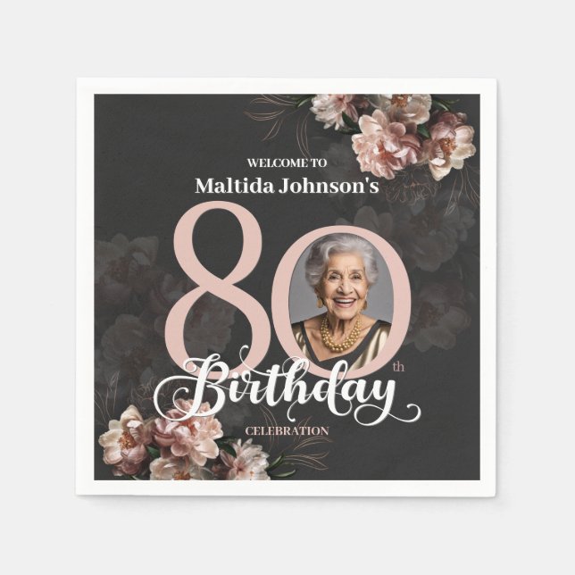 Rosa Blommigt 80:e födelsedagen Pappersservett (Framsidan)