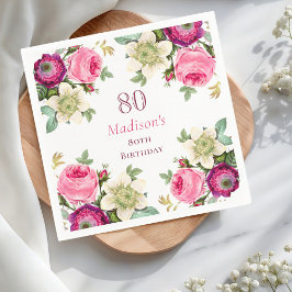 Rosa Blommigt 80:e födelsedagen Pappersservett