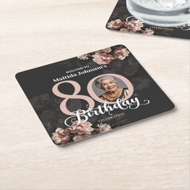 Rosa Blommigt 80:e födelsedagen Underlägg Papper Kvadrat (Vinklad)