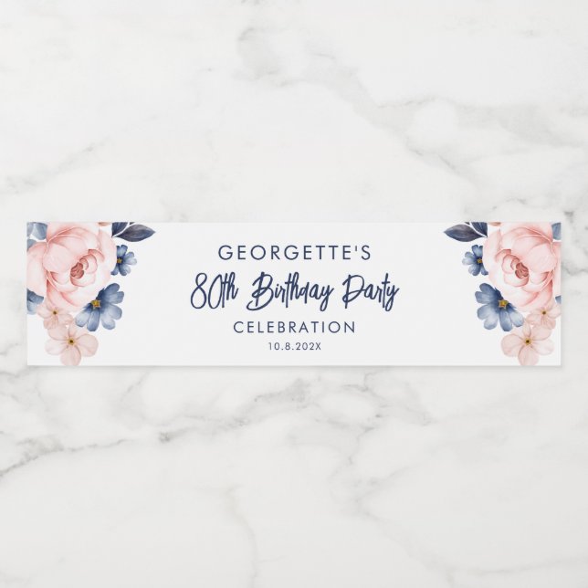 Rosa Blommigt 80:e Födelsedagsfesten Firande Vattenflaskor Etikett (Singel etikett)