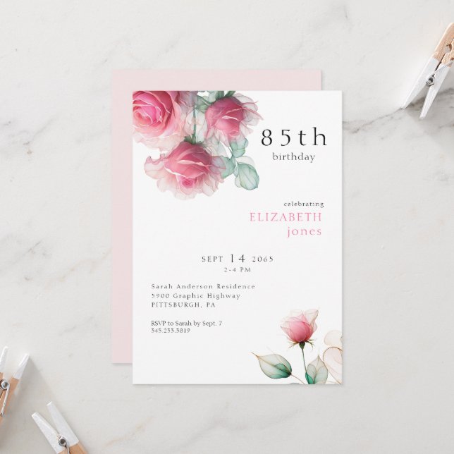 Rosa Blommigt 85:E Födelsedagsfest inbjudan (Fram/Back In Situ)