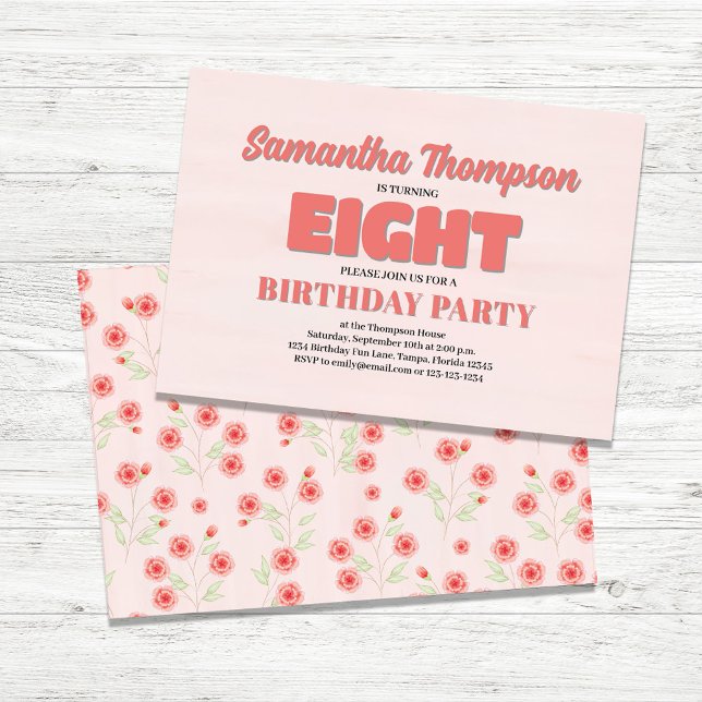 Rosa Blommigt 8:e födelsedagstjuvmallen Party Inbjudningar (Eighth Birthday Girl Custom Party Invitations.)