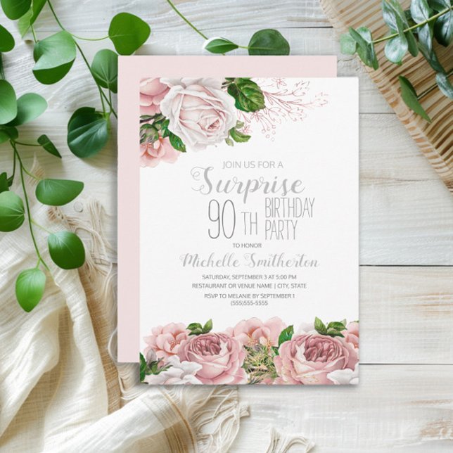  Rosa Blommigt 90:e födelsedag Inbjudningar (Elegant blush pink vintage floral surprise 90th birthday party invitation)