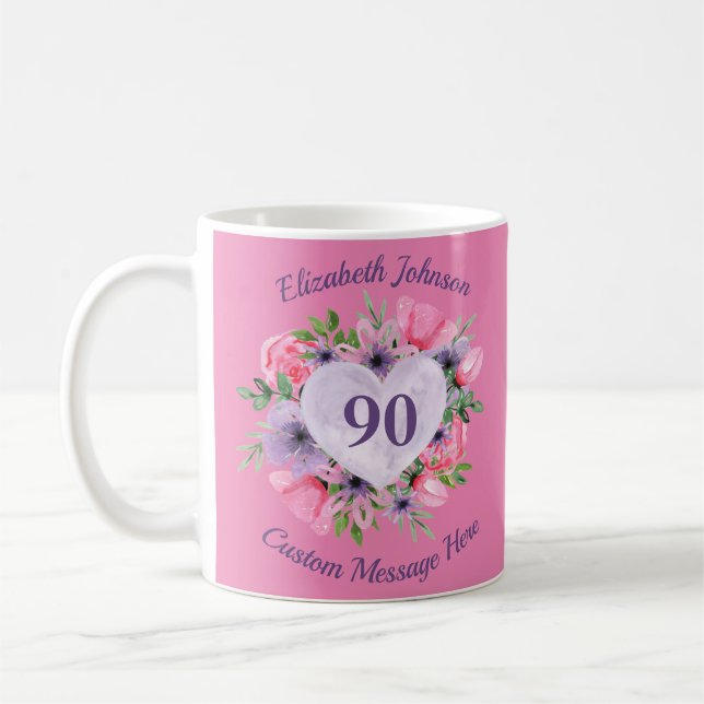 Rosa Blommigt 90:e födelsedag Mugg för kvinnor (Vänster)