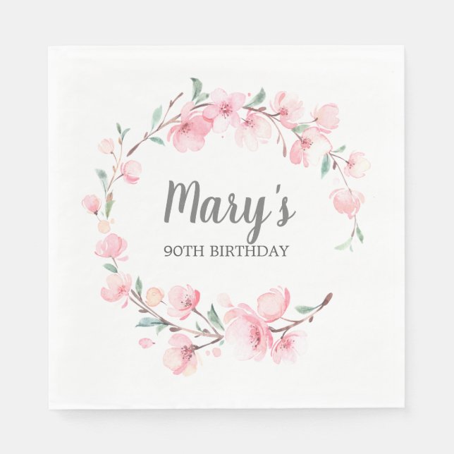 Rosa Blommigt 90:e födelsedag Pappersservett (Framsidan)