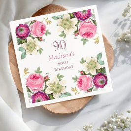 Rosa Blommigt 90:e födelsedag Pappersservett