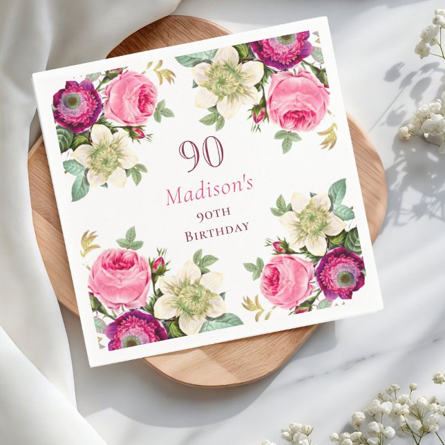 Rosa Blommigt 90:e födelsedag Pappersservett (Skapare uppladdad)