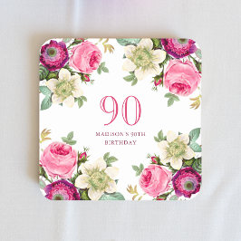 Rosa Blommigt 90:e födelsedag Underlägg Papper Kvadrat