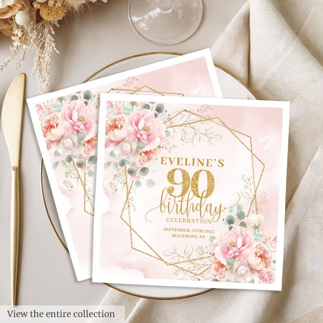  rosa blommigt 90:e födelsedagsljud pappersservett (Heartfelt blush pink floral 90th birthday luncheon Napkins)